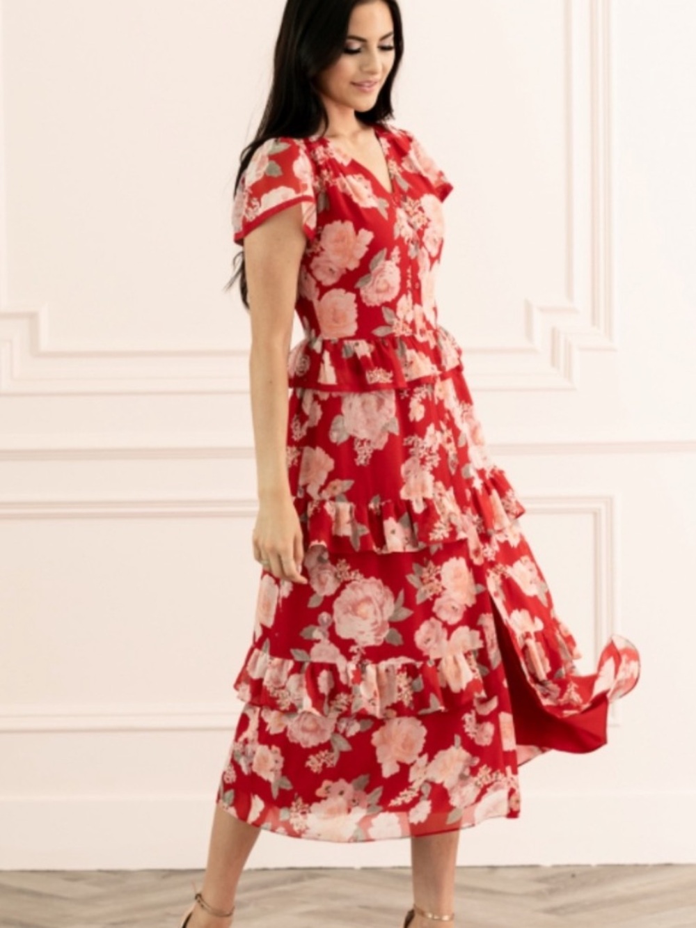 Rachel Parcell Floral Ruffle Midi Shirtdress in Red Sz 8